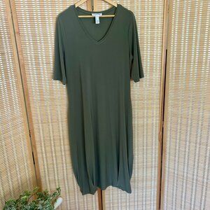 Joseph Ribkoff Olive Green V-Neck Midi Dress W/ Half Sleeves Size 12
